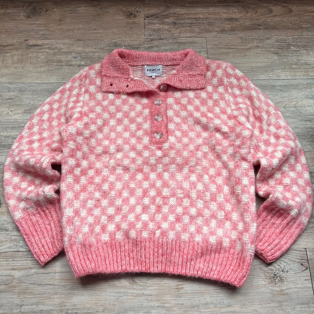 FRNCH Paris Sweater Medium Pink Checkered Knit Henley Soft Cozy
